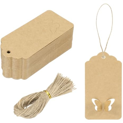 QUARKZMAN 200Pcs Etichette Regalo In Carta Kraft Con Cordino, 3.5 X 1.6 Inch Etichette Appese A Forma D’onda In Carta Colore Pelle Regalo Per Prezzo, DIY Crafts