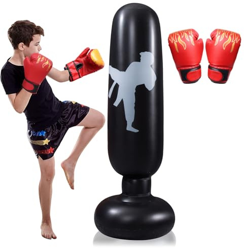 160 cm Saco de Boxeo Hinchable, Punchball Inflable con Guantes de Boxeo, Niños de Bolsa de Boxeo Suavidad y Comodidad, Bolsa de Standbox Inflable, Saco de Boxeo de Pie para Practicar (Negro)