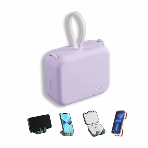 KhUkhu Mini Power Bank E Supporto per Telefono, Mini Power Bank da 4000 mAh con Doppio Cavo Integrato, Grazioso Power Bank con Cavo Integrato, Supporto Portatile per Telefono Cellulare,Viola