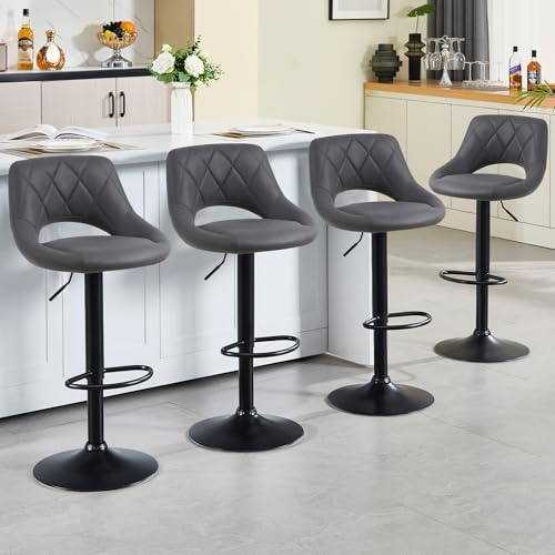 KHISCHMO Barhocker 4er Set Barstuhl Höhenverstellbar mit Ausgeschnittenen Rückenlehnen 360° Drehbar Polsterhocker mit Kunstleder Fußstütze aus Metall für Esszimmer Heimbar Kücheninsel, Grau