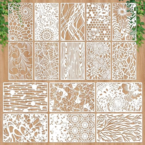 Lot de 16 pochoirs pour peinture, mixtes pour travaux manuels, réutilisables, 27,9 x 17,8 cm, grain de bois, texturés, toile d'araignée, modèles de couches