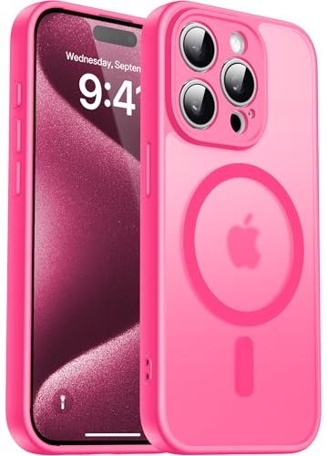 Natiiozie Cover Magnetica per iPhone 15 Pro Compatibile con MagSafe, Protezione Fotocamera Integrata Antiurto, Traslucida Opaca Posteriore Protettiva Case iPhone 15 Pro Custodia 6.1, Rosa Calda