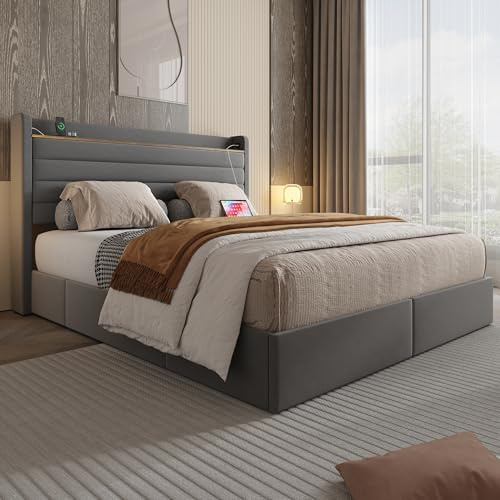 Marco de cama moderno de 160 x 200 cm, con tapizado de terciopelo, cabecero con puerto USB y función de almacenamiento, 4 cajones en la parte inferior del marco de la cama, color gris