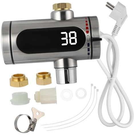Grifo Calentador Instantáneo de Acero Inoxidable 220 V 3000 W 50 Hz | Pantalla Digital LED, Bobina Integrada, Control de Temperatura, IPX4, Instalación Sencilla, Rotación 360°