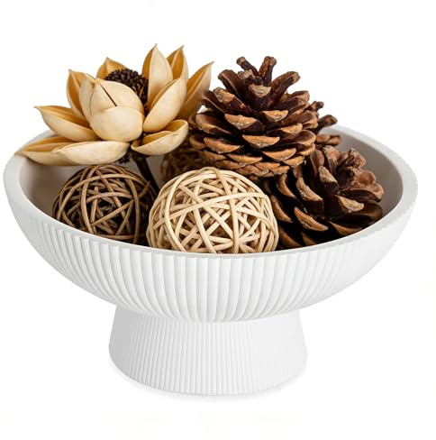 NUPTIO Fruit Bowl for Table Decor: 20.3cm Dia White Decorative Bowls Jewellery Dish for Dining Room Living Room Kitchen - Round Resin Trinket Pedestal Key Tray for Hallways