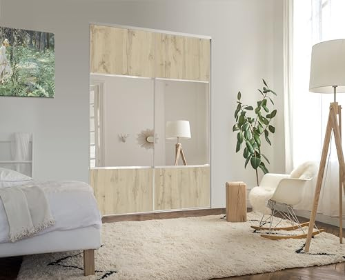 OPTIMUM 2 Portes de Placard coulissantes, Hauteur 250 cm, Largeur 150 cm, décor chêne Authentique, partitionné Miroir Argent, profils et Rails Gris Inclus
