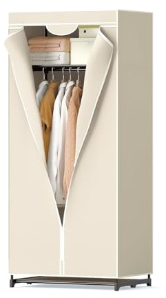 FANTASK Kleiderschrank Stoff, 74 x 50 x 172 cm, Faltschrank mit Kleiderstange & Ablage, Stoffschrank Metallgestell für Schlafzimmer Ankleidezimmer (Beige)