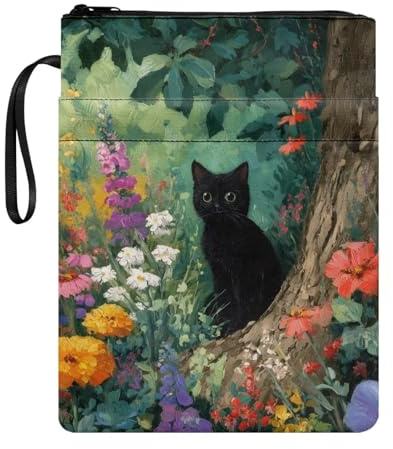 Poceacles Buchhülle mit Tasche, Reißverschluss-Taschenbuch-Etui-Bezug, Lehrbuch-Bibel-Schutz für Buchliebhaber, Leser, Freunde, Grüner Baum Schwarze Katze Blumen