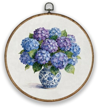 Hobbspring Blue Hydrangea Flowers Scripture Wood Textured Frame Round Wall Art Decor 10.2 * 10.2in Vintage Blue and White Porcelain Polyester Wall Hanging Door Decor for Bedroom Balcony Garden
