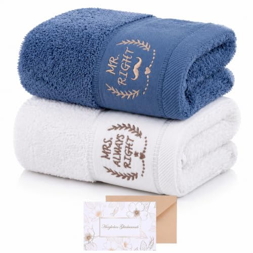 Seutgjie Geschenk Hochzeit Jahrestag Handtuch Personalisiert 73 x 34 cm | Hochzeitsgeschenke für Brautpaar mit Grußkarte zum Valentinstag Hochzeitstag ( Weiß Blau 2er-Set)