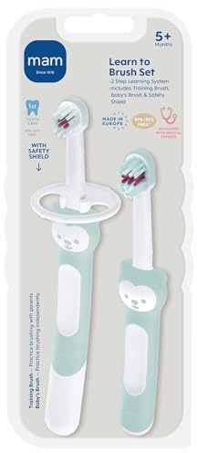 MAM Learn to Brush Set (1 Baby's Brush Toothbrush, 1 Training Brush, 1 Safety Shield), Baby Toothbrushes with Brushy The Bear, Interactive App, for Boys 5+ Months, Blue