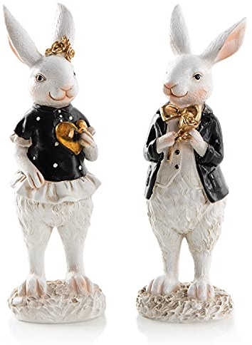 Logbuch-Verlag 2 figuras de conejo, color negro, blanco, dorado, pareja de hombre, mujer, conejos de Pascua, decoración de boda, 22 cm