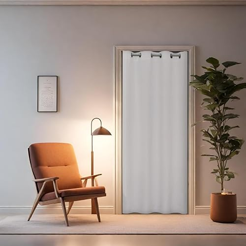 tinycurtains, Thermo Türvorhang mit Teleskopstange, einfache Montage in nur 1 Minute ohne Bohren (Türgardine weiß + H195 x B150 cm + Stange weiß B70-120 cm)