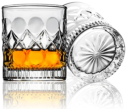 Set de 2 Vaso Whisky Vasos de Cristal Agua de 300ml,Vasos Whisky con Cuña de Cristal de Montaña,Base Espesa,Bordes Suaves,Estilo Antiguo,Vasos de Cristal Sí Regalos Ideales Para los Intereses de Papá