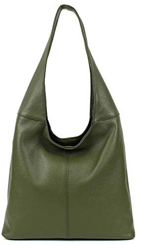 OBC Made in Italy Damen Leder Tasche Shopper Schultertasche Umhängetasche Handtasche Beuteltasche Hobo Bag Ledertasche Nappaleder (Olivgrün)