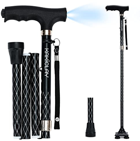 KAKICLAY Folding Walking Cane with LED Light for Women & Men - Foldable, Adjustable, Collapsible Lightweight Aluminum Walking Stick for Seniors & Adults