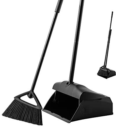 Eyliden Set di scopa e paletta ad angolo commerciale, con manico lungo, set di scopa e paletta per interni ed esterni, per garage, cortile, marciapiedi, interni, casa, cucina, camera da letto, ufficio