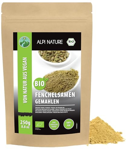 Alpi Nature Fenchelsamen BIO gemahlen 250g, bio Fenchelsamen gemahlen | Fenchel Samen Pulver, ideal für Gewürzmischungen, Currys, Salate, Suppen, Bratengerichten, Marinaden, Saucen & Backwaren