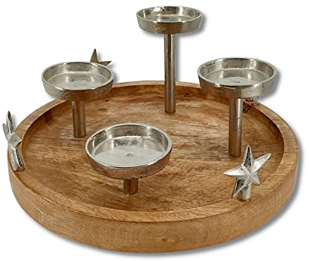 DARO DEKO Mango-Holz und Metall Kerzenhalter rund Silber Ø 30cm (mit Sternen)