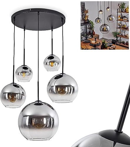 HOFSTEIN Hängeleuchte Koyoto, 5-flammige Hängelampe aus Metall/Glas in Schwarz/Rauchfarben/Klar, Pendelleuchte im Retro/Vintage-Design, Ø Schirme 15; 20; 25; 30 cm, E27, Esszimmer, Küche, Wohnzimmer