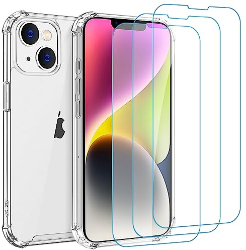 Whioltl Cover per iPhone 14, Trasparente 4 in 1 Custodia per iPhone 14 con 3 Pellicole Vetro Temperato, Anti-Graffio e Anti Ingiallimento Silicone Protettiva Case, Pellicola Proteggi Schermo