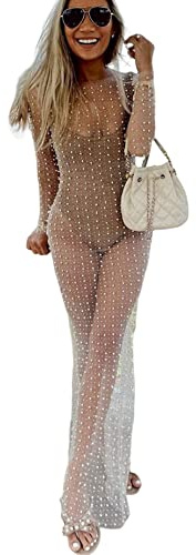 Cover-ups Sarongs, Sexig Women Pearl Dress Sheer Mesh Pearl Rhinestone Cover Up Dress Beach Bikini Coverups Beige L