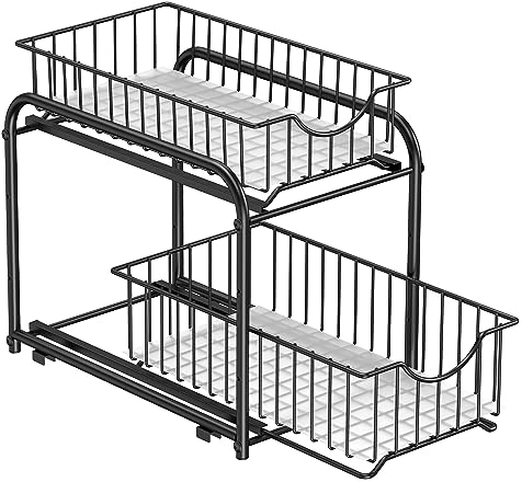 SONGMICS Küchen-Organizer, Küchenregal, Ordnungssystem, 2 Ebenen, stapelbar, erweiterbar, mit Metallkörben, für Küche, Badezimmer, tintenschwarz KCS017B01V1