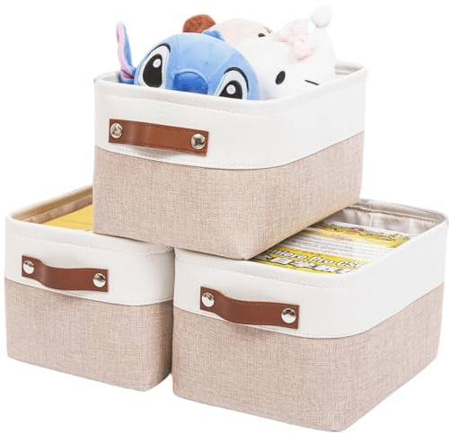 Mangata Faltbare Aufbewahrungskörbe mit Ledergriff,[3 Pack] Verdicktes Leinen Stoff Aufbewahrungsbox Korb für Spielzeug, Kleidung, Zuhause, Wäsche (Helles Khaki/weiß, Medium)