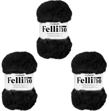 myboshi Fellino: Flauschige Fellwolle, Teddywolle in Felloptik, Super Bulky, 100g, 65m, Schwarz (Kuro), 3 Knäuel, Wolle, Acryl