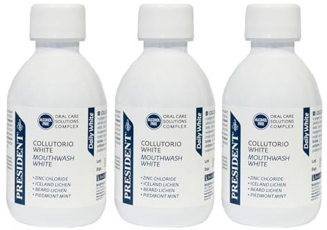 President KIT 3 COLLUTORIO WHITE ad azione sbiancante professionale. Denti più bianchi, efficace azione antibatterica, antiplacca e antitartaro. Gusto menta, rinfrescante antialitosi. 3X200ml