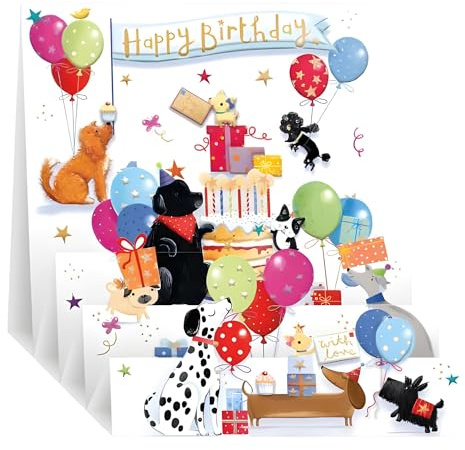 3D Pop Up Birthday Card for Boys/Girls - Male/Female Birthday Card for Him/Her - Party Dogs - Special Finishes - Made in the UK - Eco-Friendly