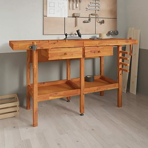 Homgoday Arredamento Banco Lavoro Cassetti e Morse 162x62x83cm Legno Massello Acacia, Banco Tavolo da Lavoro per Garage Officina Senza armadietto