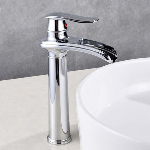XJTNLB Mischbatterie Waschbecken Wasserfall Waschtischarmatur, Einhebelarmatur Armatur Waschbecken aus Messing Chrom,Hoher