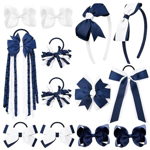 DEEKA Navy & White School Hair Accessories Set 13 Pcs Uniform Hair Bow Headband Clips Hair Ties Curly Korker Bows for Little Toddler School Girls (Navy&White)