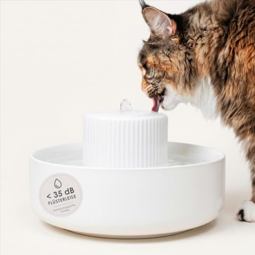 LucyBalu® Trevi Katzenbrunnen aus Keramik mit 2,8 L Volumen – Weiß | Trinkbrunnen, leiser Betrieb, aktivierender Wasserfluss, mit Filtersystem