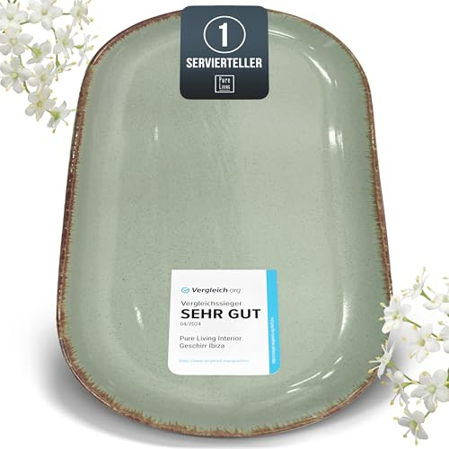 1x Servierplatte Steingut Rustic - Servier Teller Groß - Spülmaschinen-, Mikrowellen- und Kratzfest - Serving Plate Oval, Servierteller Groß - Pure Living Geschirr in Mintrgrün
