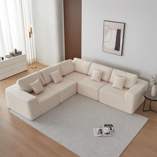 VASOENY 275 X 275 cm Ecksofa, übergroße Sherpa Stoff Eckcouch, Modulares L Sektional Sofa, Modernes 5-Sitzeck L Couch mit 4-Kissen für Wohnzimmer, Büro, Keine Montage Erforderlics (beige)
