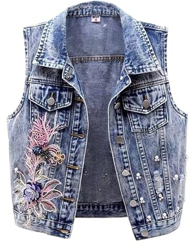 Runstarshow Armlose Denim-Westen für Damen, Knopfleiste, bestickt Blumenmuster, Retro-Jeansjacke, elegant, S-XXL/EU 34-44
