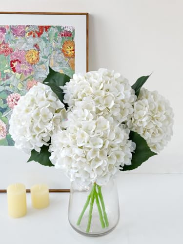 YalzoneMet 4 hortensias artificiales de seda blanca, flores naturales realistas de 20 pulgadas de largo, ramos de hortensias artificiales para el hogar, fiesta, interior, exterior, boda, centro de