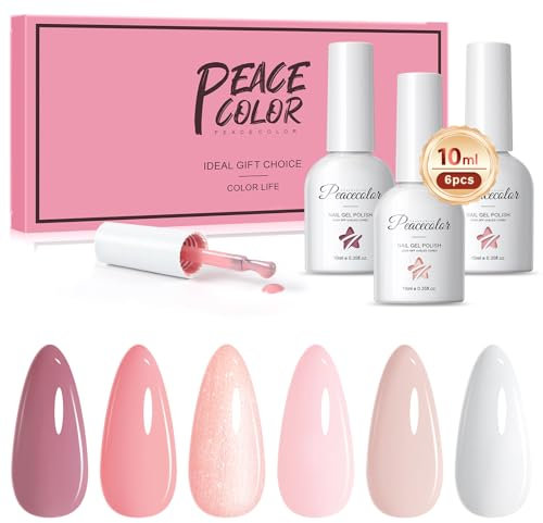 PEACECOLOR UV Nagellack Set, 6 Farben Nude Rosa Weiß Nagellack Gel für DIY Nail Art Kit Soak-Off Nägel Set Nail Polish Maniküre Set für Anfänger 10ML Gel Nagel