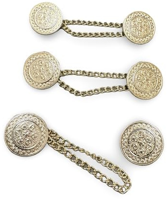 3 Stück Knopfpaar zum Annähen (18 mm) gold glänzend mit Muster mit Kette Kettenknöpfe Verschluss Zierverschlüsse