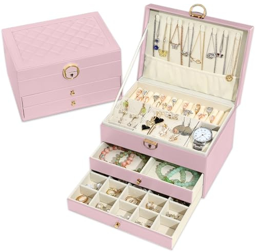 Granbest 3 Layers Jewellery Box with 2 Drawers, Elegant Jewellery Organiser, Leather Jewellery Storage Case Ideal for Necklaces, Bracelets, Rings and Earrings (Pink)