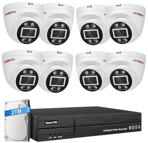 8PCS 2-Way Audio 6MP Dome Camera 16CH 4K 2TB HDD NVR POE Security System | MWRCTV 2.8mm HD lens,AI Human & Vehicle Detection,Color Night Vision,Warning Reminder,16ch 4K Video Input 8CH POE Port