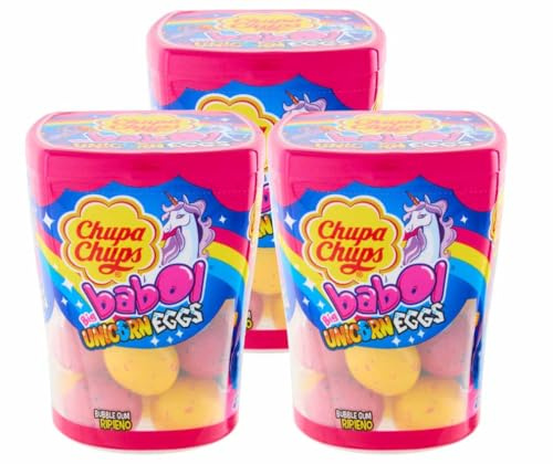 3X Chupa Chups Big Babol Unicorn Eggs Gomme Ripiene ai Gusti Mirtillo, Fragola e Banana 90g
