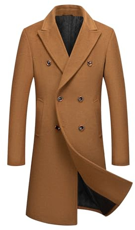 Allthemen Mens Winter Trench Coat Double Breasted Long Overcoat Brown XL