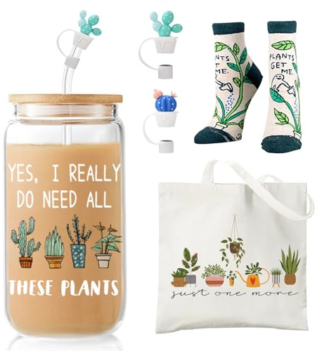 XiQiCYun Plant Lover Gifts for Women, Cool Gardening Gifts for Plant Lady Mom, Funny Succulent Cactus Iced Coffee Glass Cup with Lid and Straw, Tote Bag, Socks, and Straw Covers