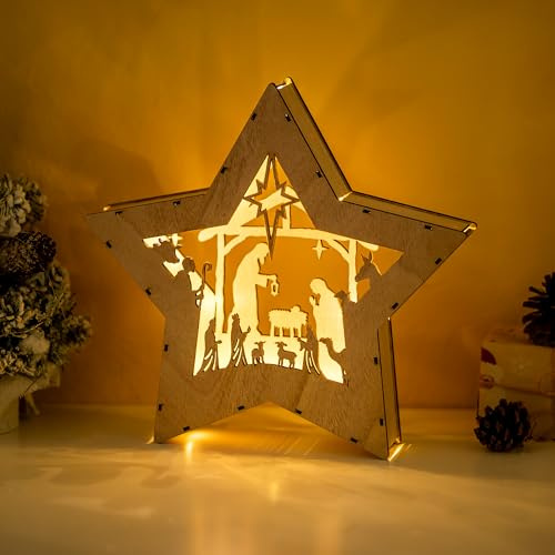 NUPTIO Nativity Scene Wooden LED: with TIMER Christmas Decoration Light up Star Indoor 30cm Xmas Table Ornaments Modern Scenes Figures Standing Fireplace Window Sill Centrepiece with Lighting
