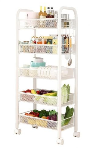 Garvee Con Carrito Auxiliar con Ruedas - 1 Unidad Estante Metálico De Cocina, 5 Niveles, Almacenamiento Multifuncional, Estructura Móvil, Diseño Compacto Blanco 44 * 26 * 102cm
