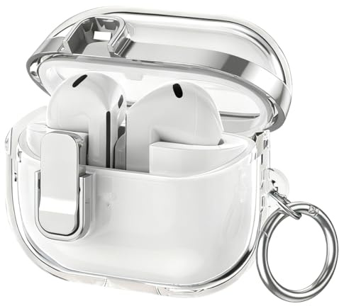 Miimall Protective Case for Samsung Galaxy Buds 3 FE (2025) /Buds3 /3 Pro Case Transparent [Secure Lock] [Carabiner] [Wireless Charging] Anti-drop Anti-scratch Earbuds Cover for Men Women-Silver