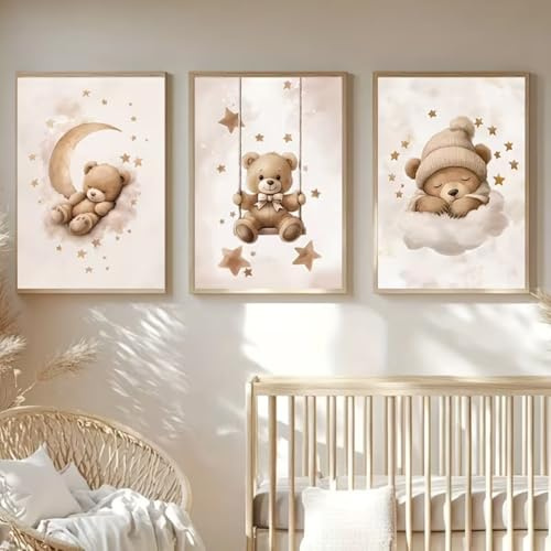 Ueiwffzo 3er Poster Set Teddybär Bilder Kinderzimmer Boho Deko, Leinwand Bilder Wandbilder Süße Cartoons bär Wandposter Geschenk, Ohne Rahmen (30x40cm)